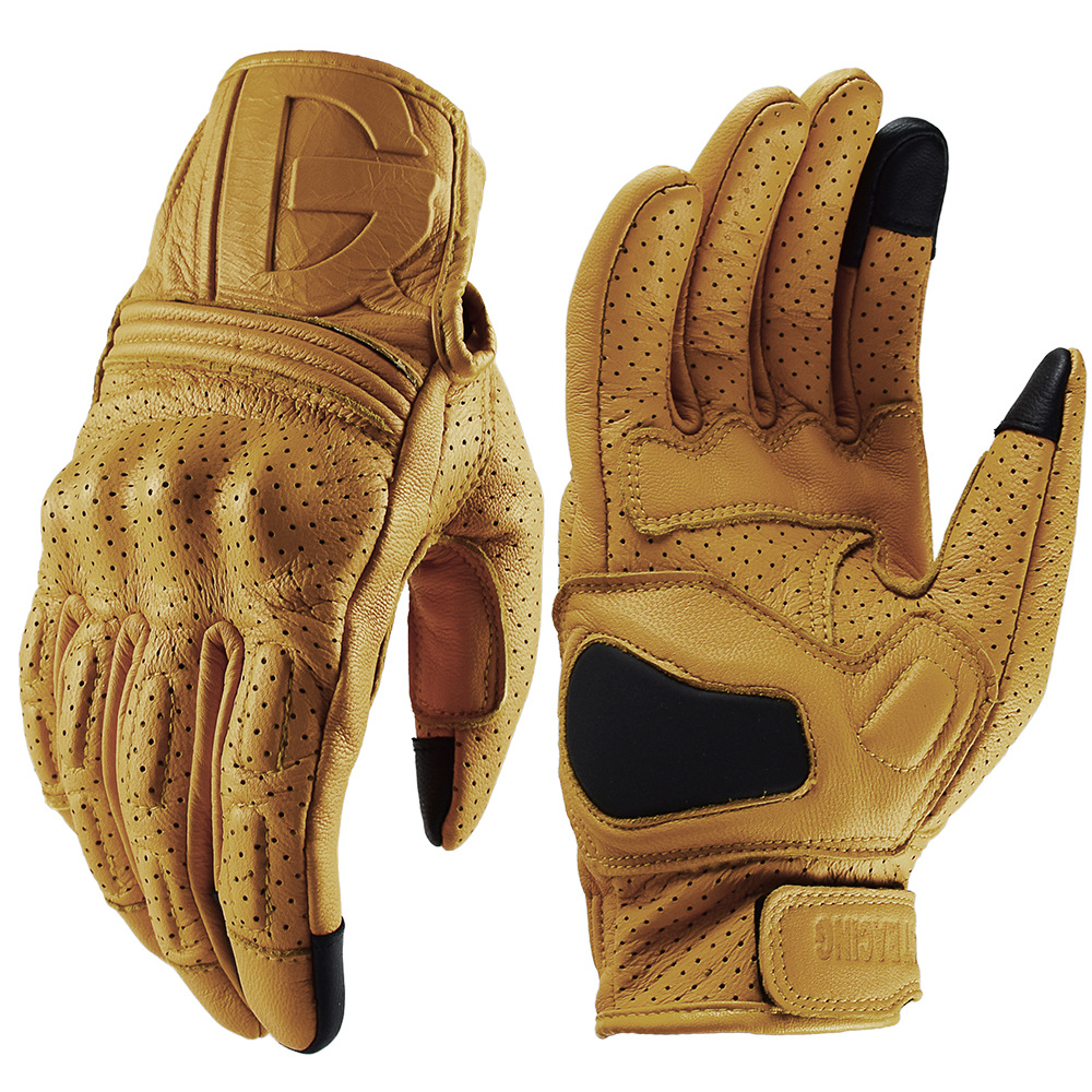 Yellow Cycling Gear - Skórzane rękawice motocyklowe vintage, żółte, pełne